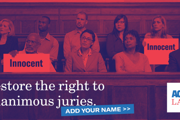 A jury box with two jurors holding up a sign that says "innocent"