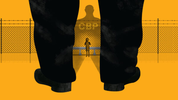 Child standing in front of CBP officer next to barb wire fence on yellow background