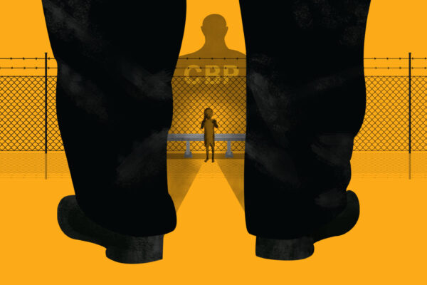 Child standing in front of CBP officer next to barb wire fence on yellow background
