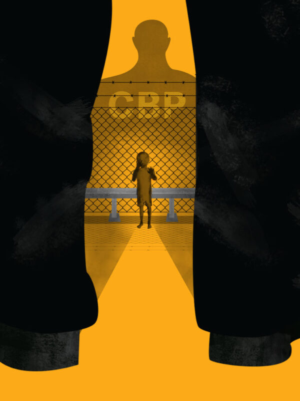 Child standing in front of CBP officer next to barb wire fence on yellow background