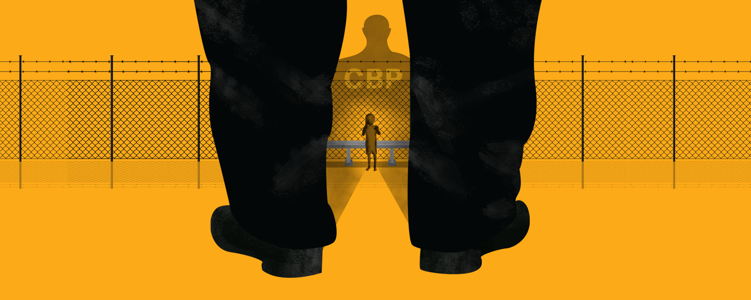 Child standing in front of CBP officer next to barb wire fence on yellow background