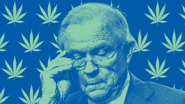 Sessions on blue background shaded in green with marijuana leaves behind him
