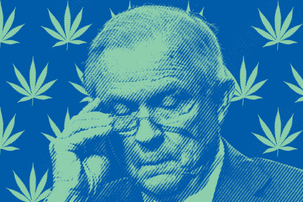Sessions on blue background shaded in green with marijuana leaves behind him