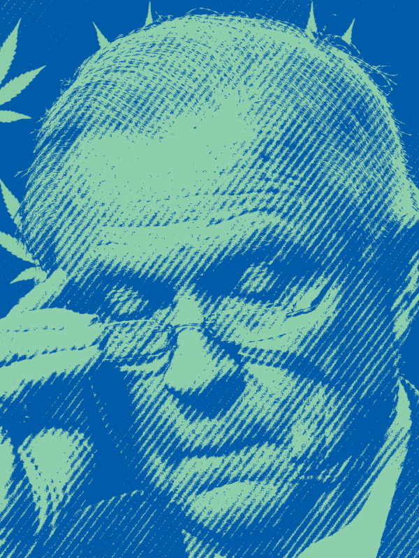 Sessions on blue background shaded in green with marijuana leaves behind him