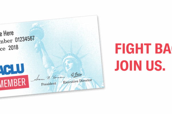 Image of an ACLU member card with the statue of liberty