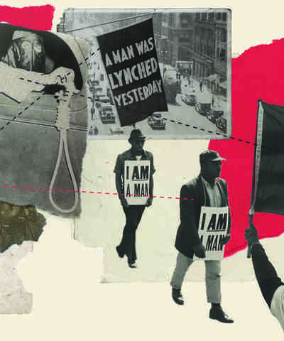 Montage with images of lynchings, Black Lives Matter signs, and I Am A Man protest signs