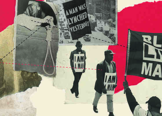 Montage with images of lynchings, Black Lives Matter signs, and I Am A Man protest signs