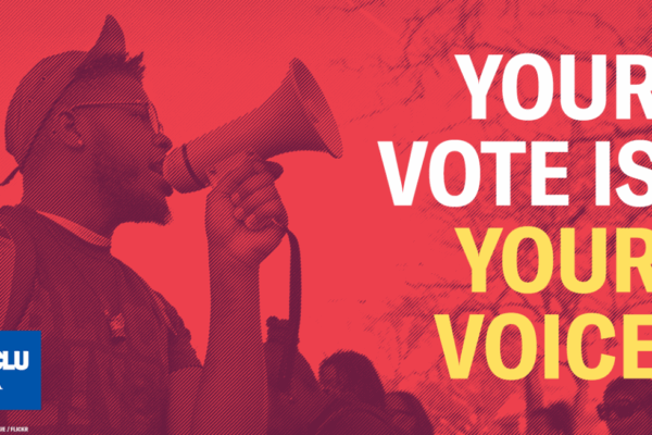 An African American man using a bullhorn with the words "YOUR VOTE YOUR VOICE" overlaid
