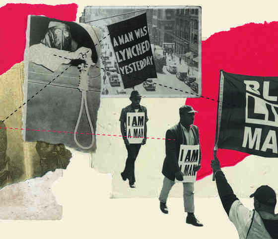 Montage with images of lynchings, Black Lives Matter signs, and I Am A Man protest signs