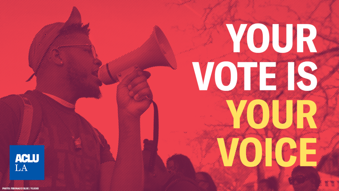 An African American man using a bullhorn with the words "YOUR VOTE YOUR VOICE" overlaid