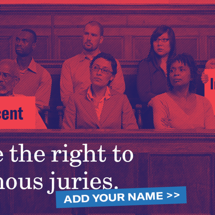 A jury box with two jurors holding up a sign that says "innocent"