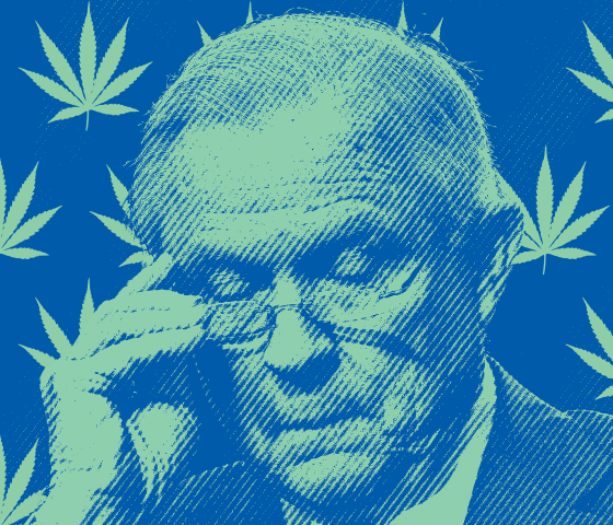 Sessions on blue background shaded in green with marijuana leaves behind him